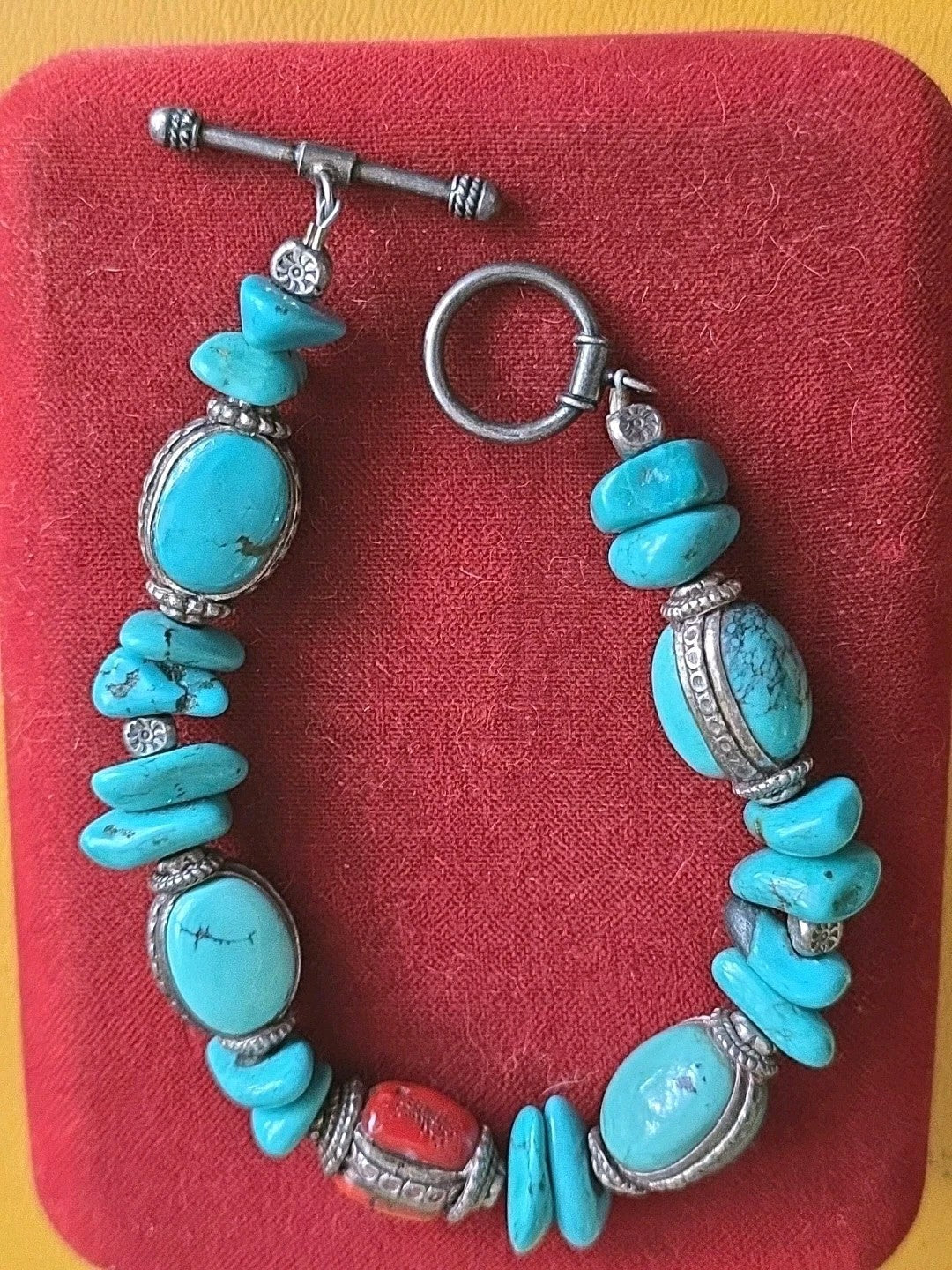 Southwestern Native American Turquoise, Red Coral & Bead Toggle 8" Bracelet