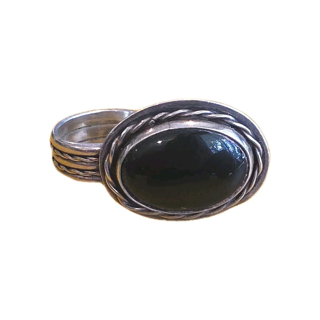 Navajo Black Onyx & Sterling Silver Two Finger Ring Senufa Signed Size 9
