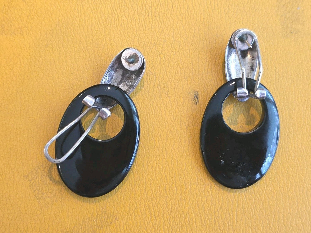 Vintage Round Taxco Mexico 925 Sterling Silver Black Onyx Dangle Earrings