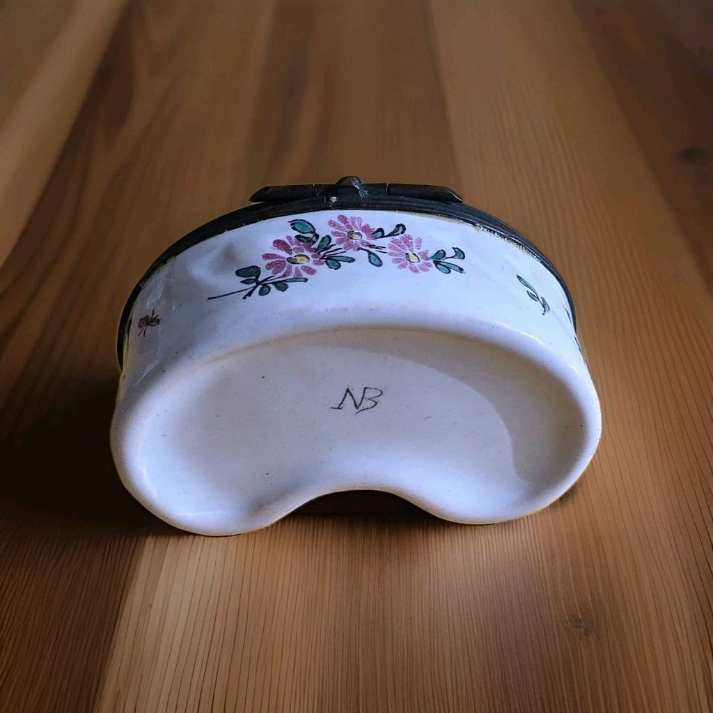 19th c Beautiful Faience Unusual  Kidney Shape Snuff Box Signed NB