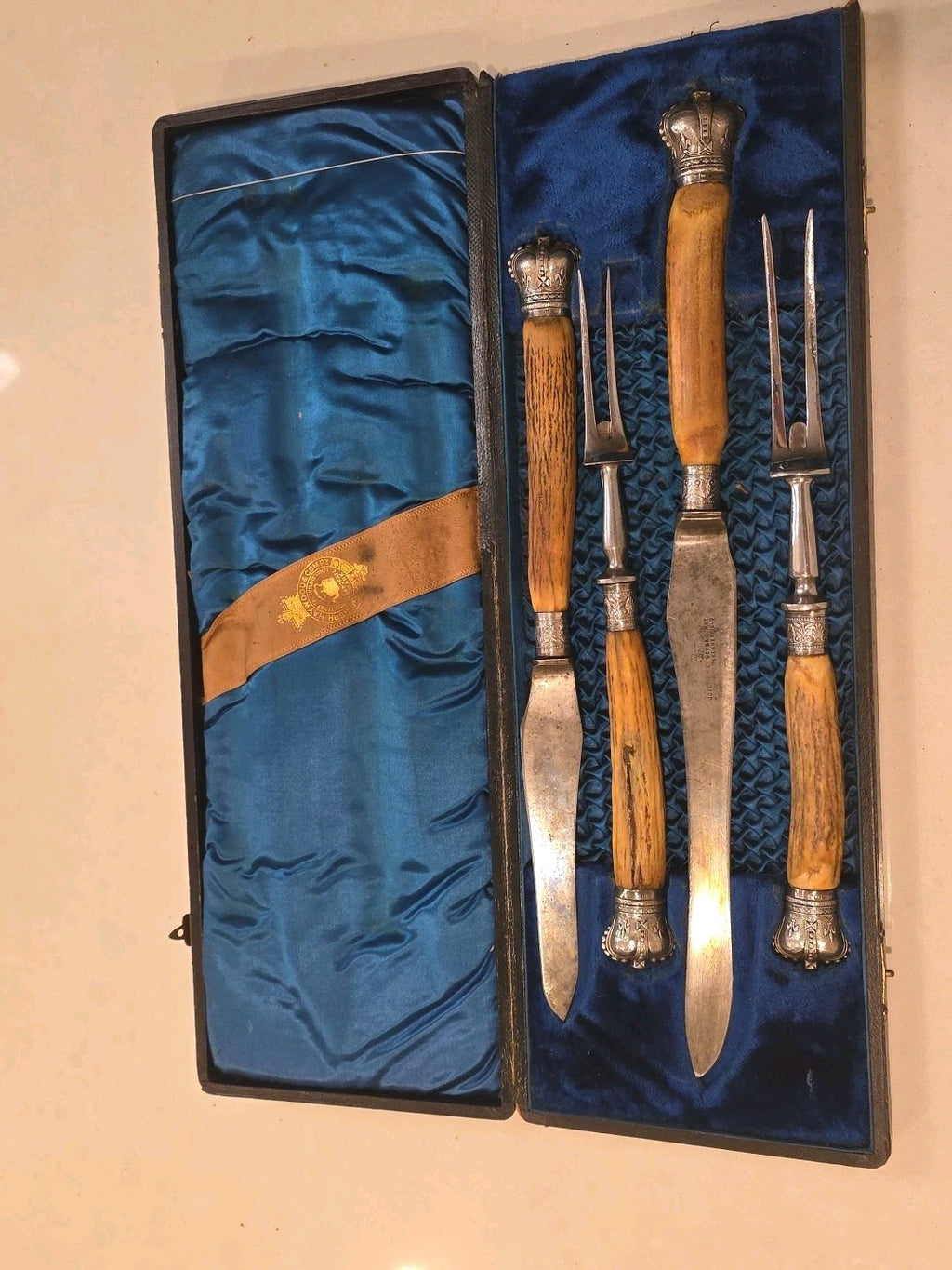 Antique Sterling & Stag Handle 4 Piece Carving Set Joseph Haywood & Co