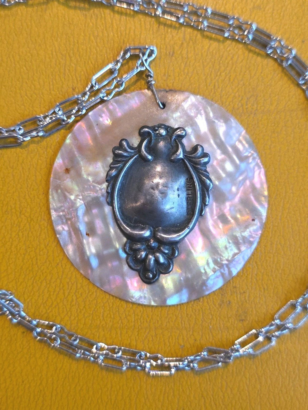 VINTAGE ~ ABALONE, TURQUOISE & STERLING SILVER NECKLACE & PENDANT (j)