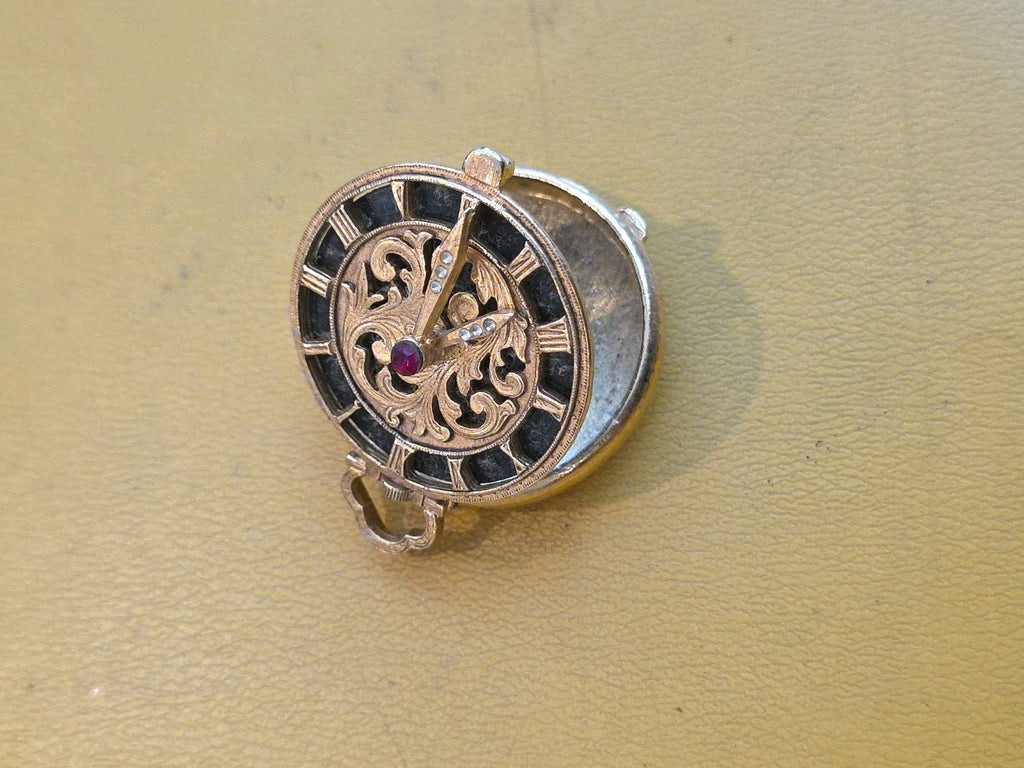 Vintage Florenza Pocket Watch Style Pill Box, Moveable clock arms w/Rhinestones
