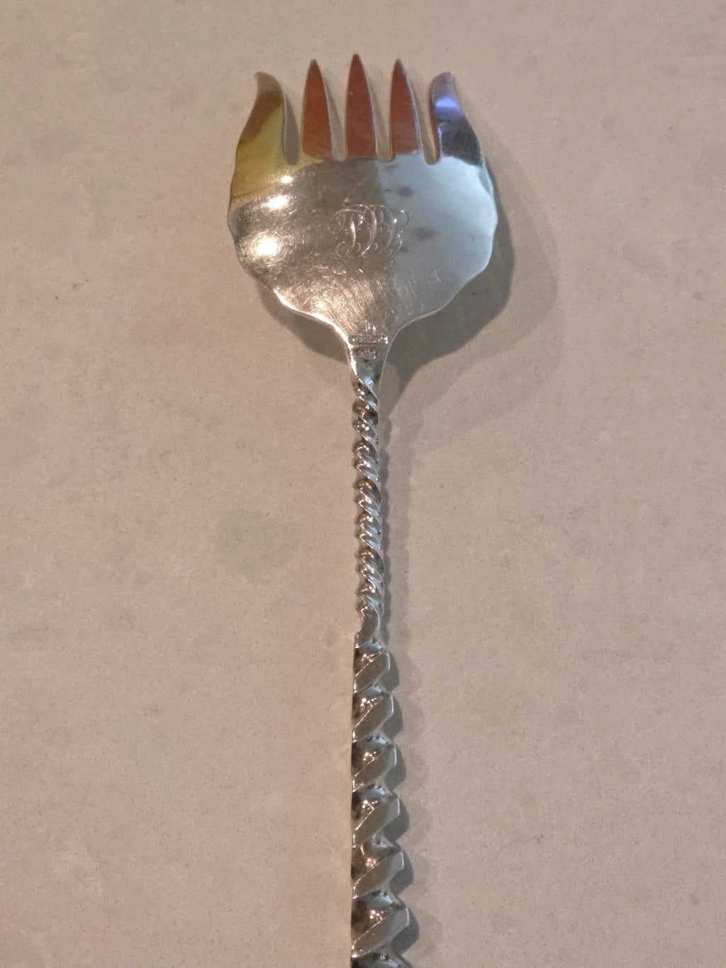 Square Twist #5 Whiting Sterling Silver Serving Sardine Fork Bright-Cut 8 1/2"