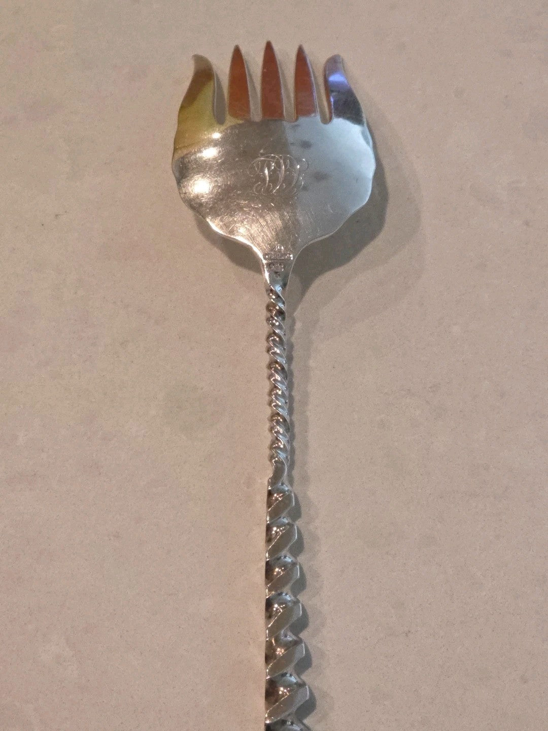 Square Twist #5 Whiting Sterling Silver Serving Sardine Fork Bright-Cut 8 1/2"