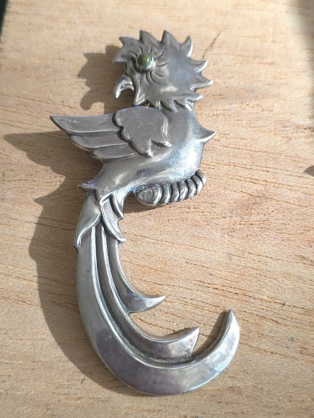 Mexican Sterling Silver Heraldic Quetzal Bird Phoenix Eagle Brooch Pin 3 1/2"