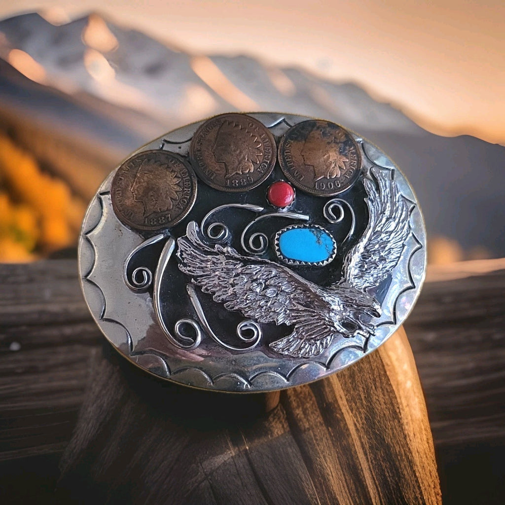 Squaw Wrap Flying Eagle Native Indian Head Pennies Coral & Turquoise Belt Buckle