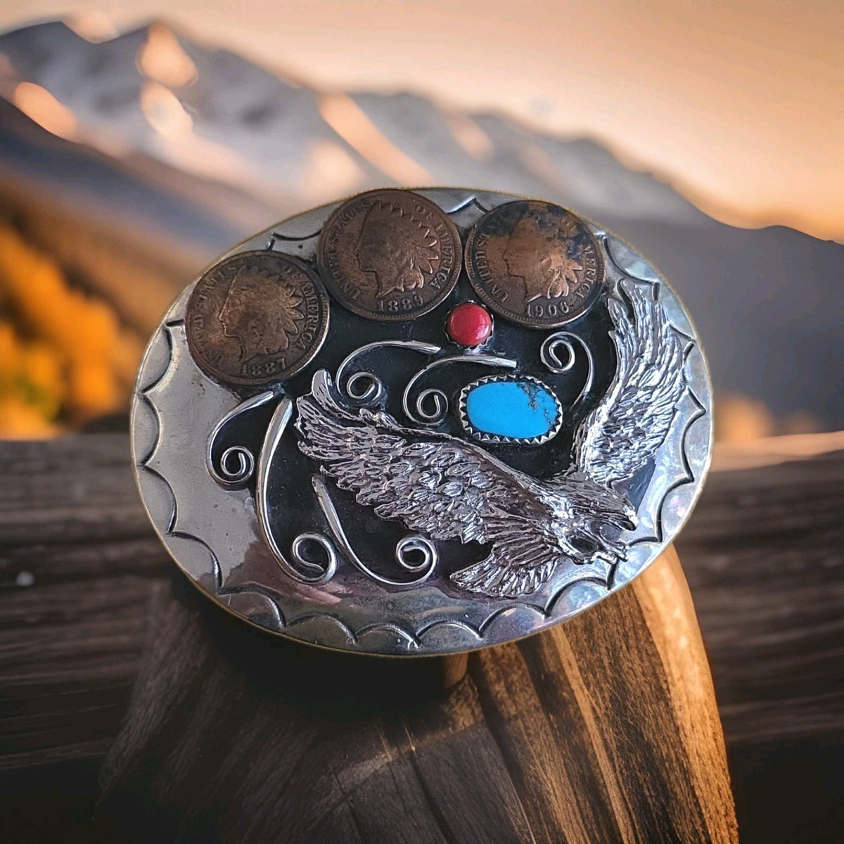 Squaw Wrap Flying Eagle Native Indian Head Pennies Coral & Turquoise Belt Buckle