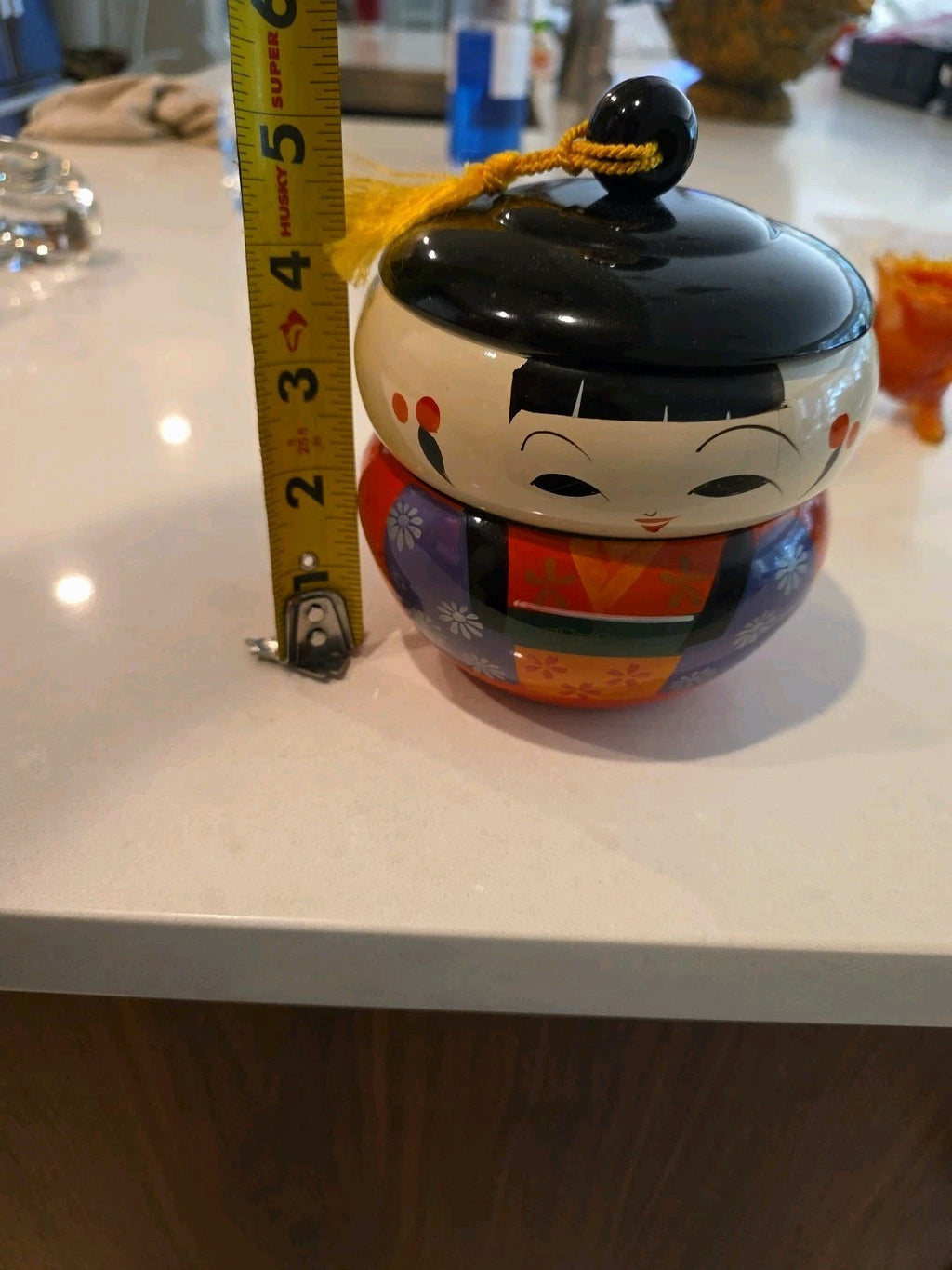 Vintage Japanese 2 Part Lacquer Figural Kokeshi Doll Bento Box Hand Painted 5”