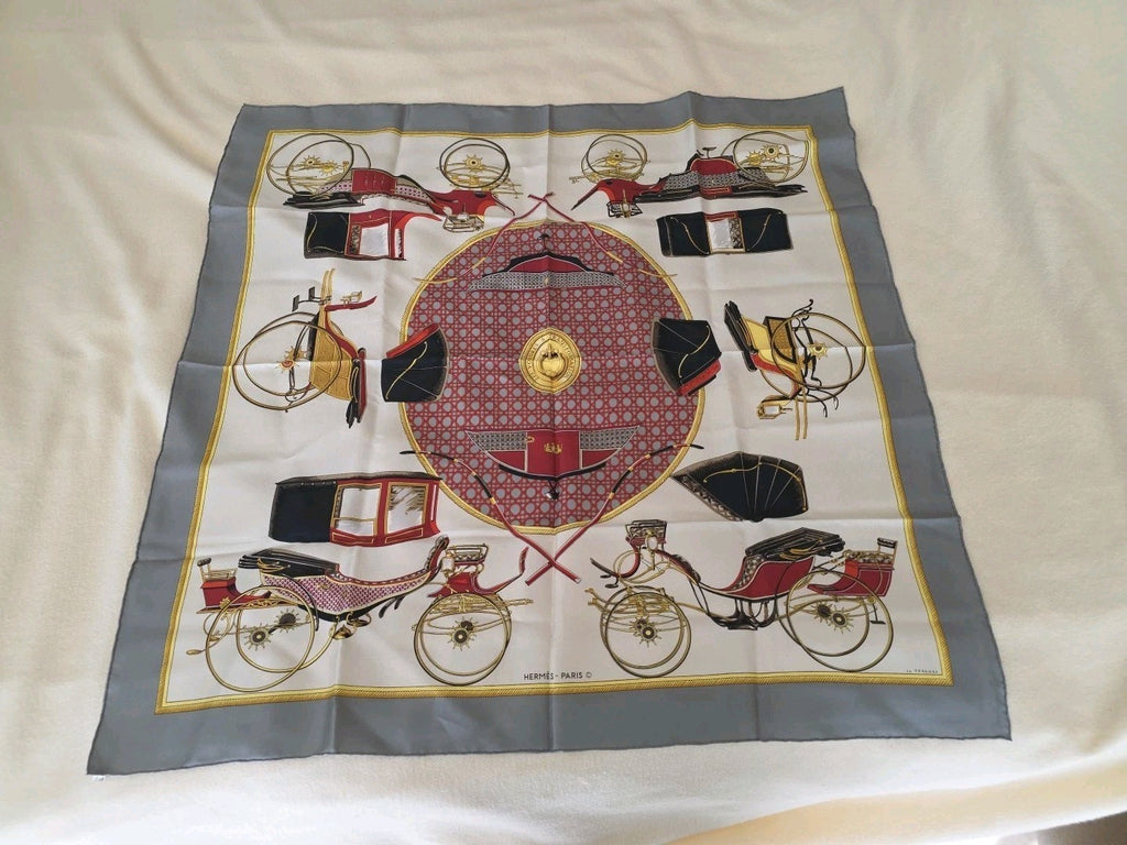 Hermes Scarf HERMES Scarf Carre 90 Silk Twill Carriage Motif Bordeaux White HERM