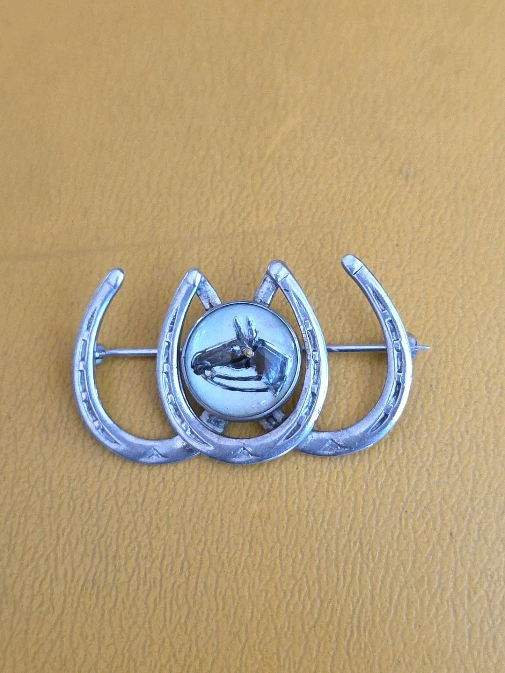 Sterling 3 Horseshoe Intaglio Reverse Painted Crystal Equestrian Pin Brooch