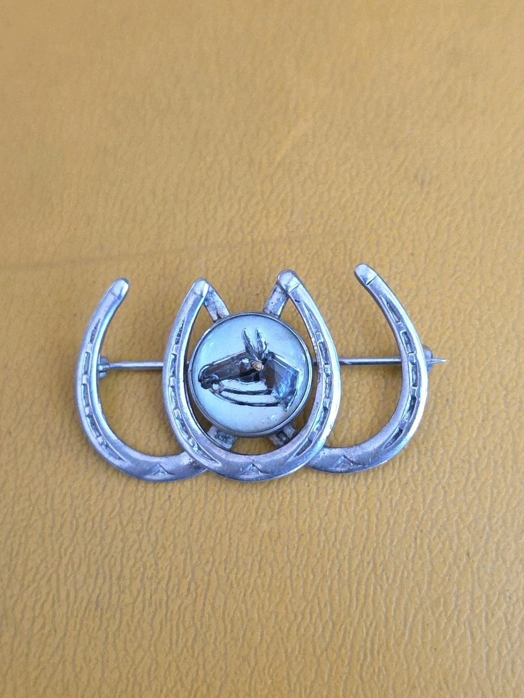 Sterling 3 Horseshoe Intaglio Reverse Painted Crystal Equestrian Pin Brooch