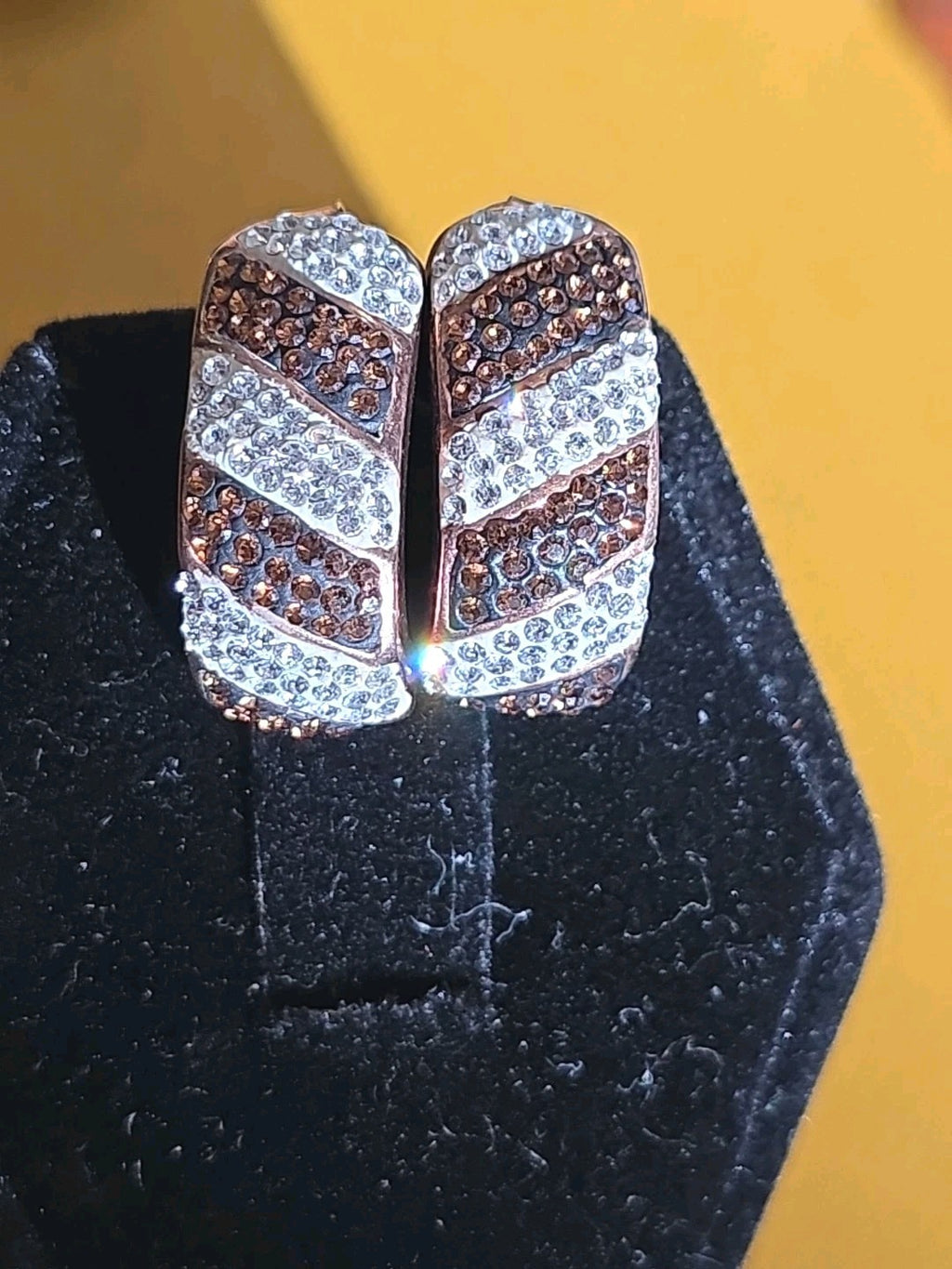 EARRINGS SILVER S925 Gold Wash with Pave  Brown & Clear Stones