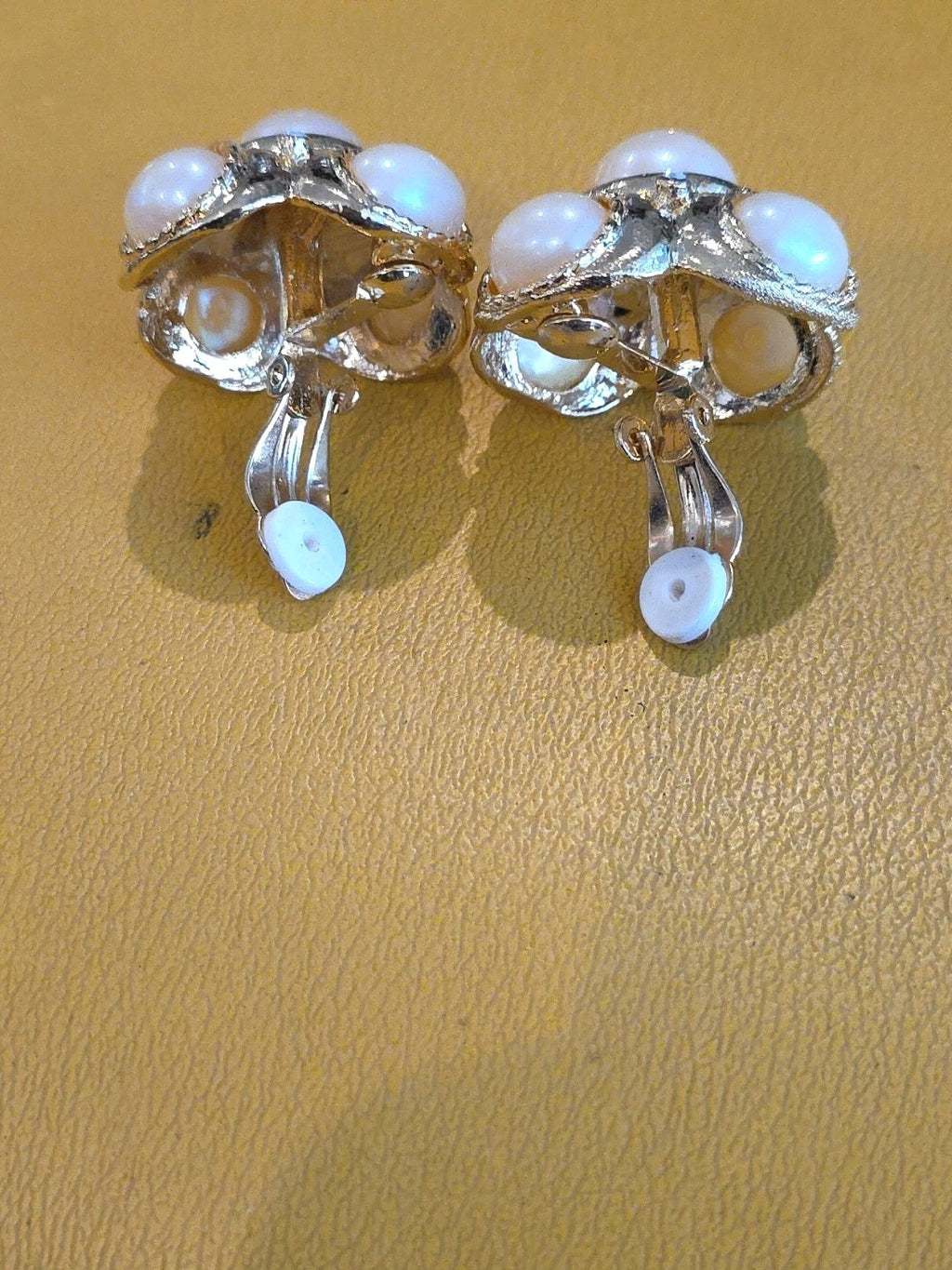1980's Gold Chunky White Faux Pearl Bead Clip On Statement Earrings