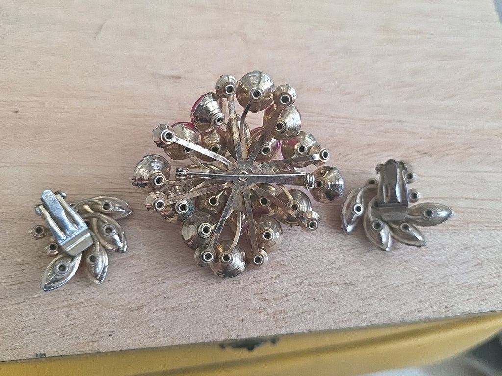 Vintage Rhinestone Dome Brooch Crystal Fuchsia Pink Red Garnet Layered Earrings