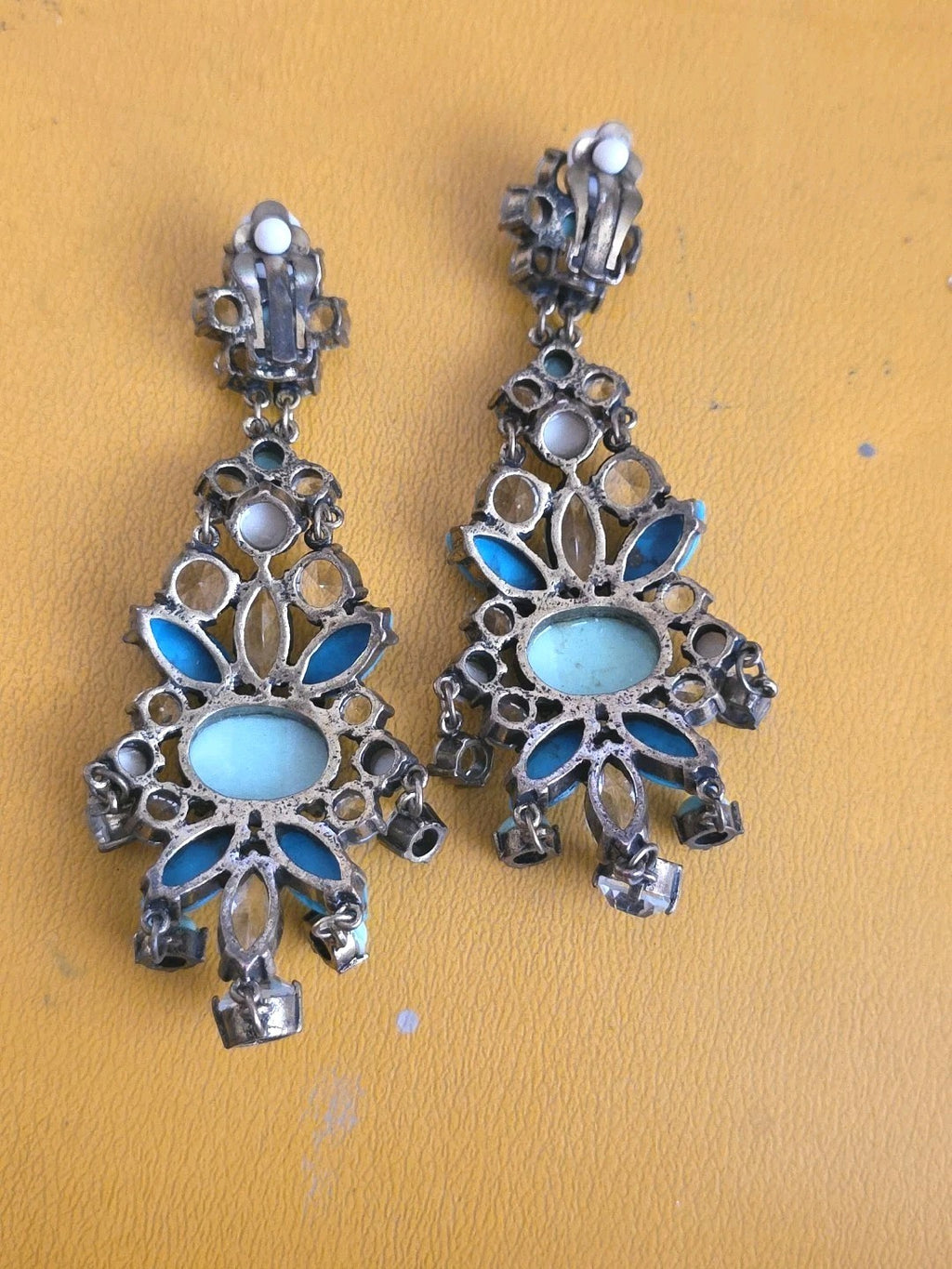 Hattie Carnegie Style Huge Turquoise Blue Cabochon Rhinestone Earrings
