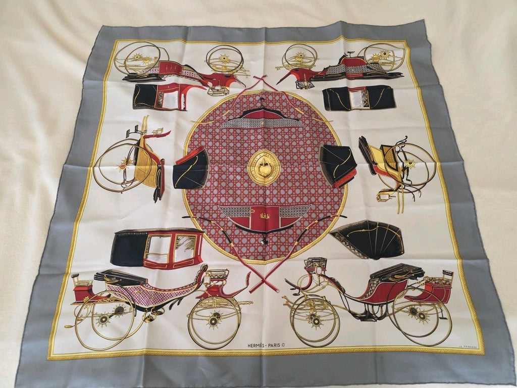 Hermes Scarf HERMES Scarf Carre 90 Silk Twill Carriage Motif Bordeaux White HERM