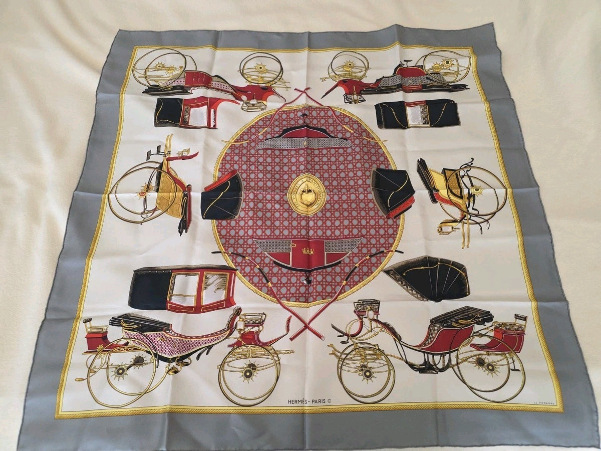 Hermes Scarf HERMES Scarf Carre 90 Silk Twill Carriage Motif Bordeaux White HERM