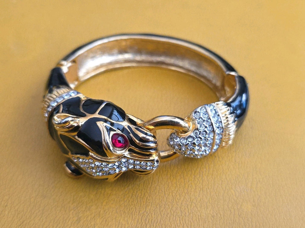CINER STYLE BLACK ENAMEL CRYSTAL  RHINESTONE PANTHER DOOR KNOCKER CUFF BRACELET