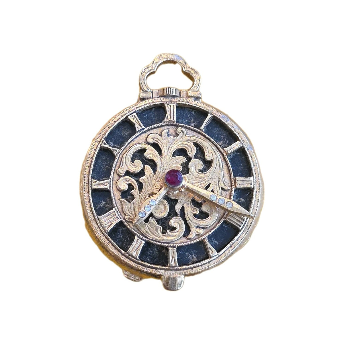 Vintage Florenza Pocket Watch Style Pill Box, Moveable clock arms w/Rhinestones