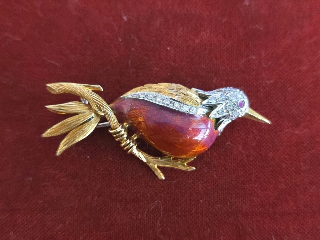 Retro Ruby Diamond Enamel 18k Yellow Gold Red Bird Brooch