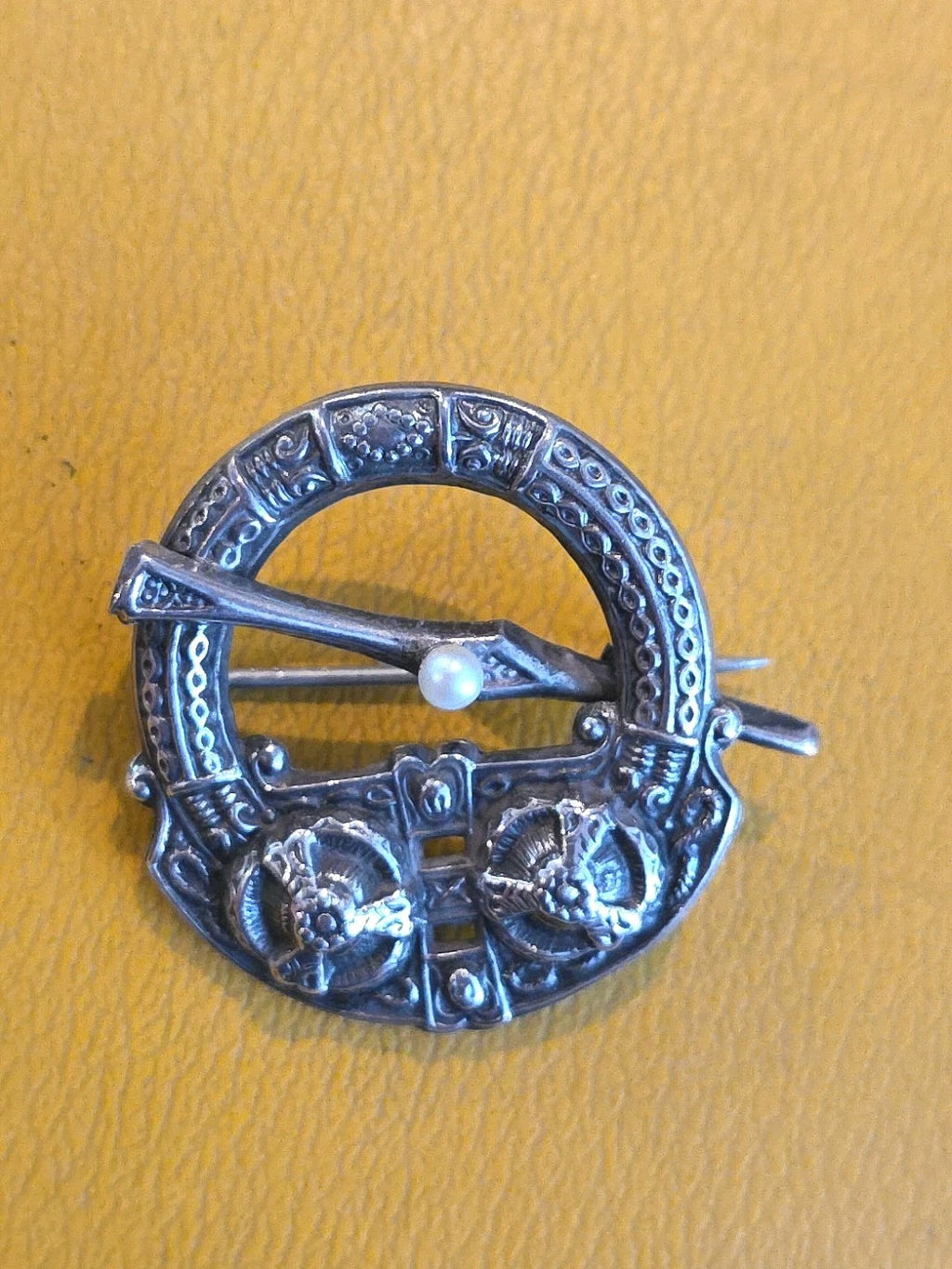 Antique Sterling Penannular W Sea Serpent & Pearl 1918