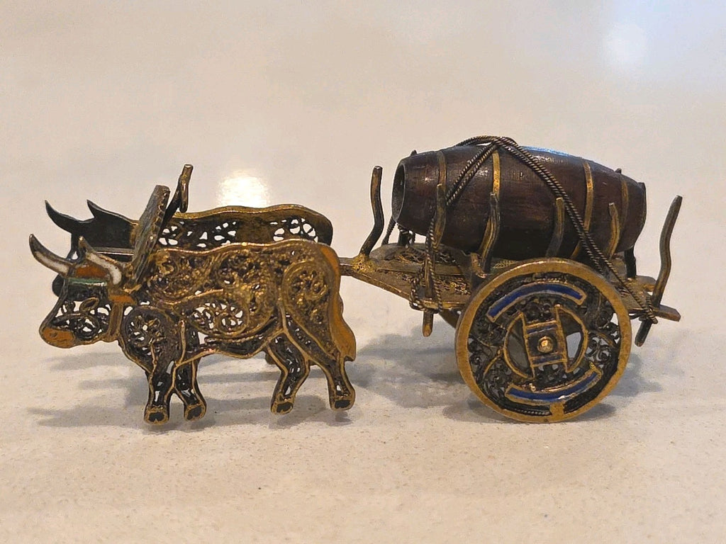 Antique Sterling & Enamel Filigree Miniature Tiny Ox Cart & Wood Barrow