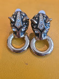 1980's Rhinestone Door Knocker Jaguar Clip on Earrings Gold/Black Head