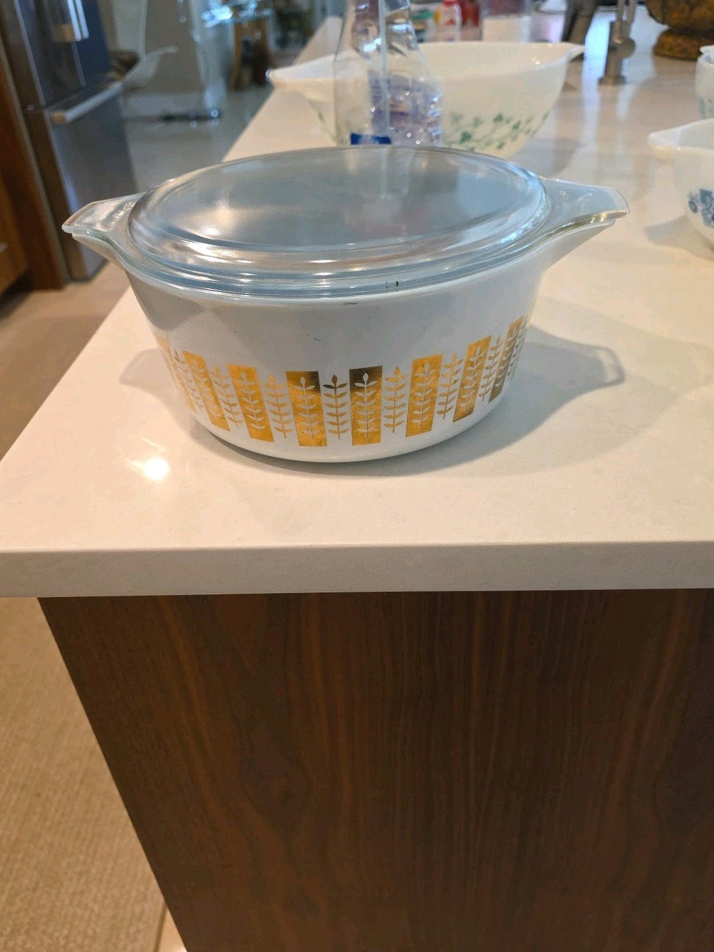 Vtg 1961 Pyrex 475-B Gourmet Gold Blue Casserole Dish 2.5qt
