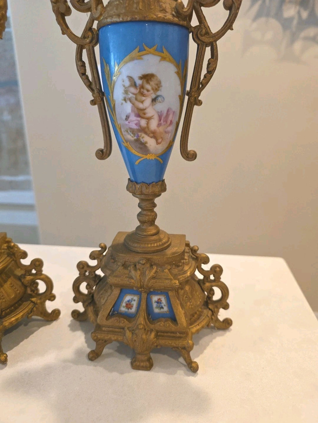 Pair 13" Sevres Style Hand Painted Porcelain Twin Handled Covered Urns