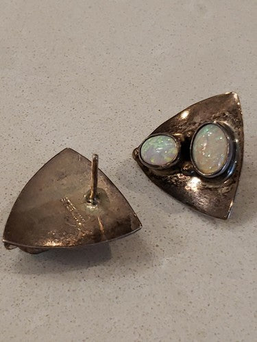 Midcentury Design Earrings Sterling Silver with Natural White Opal