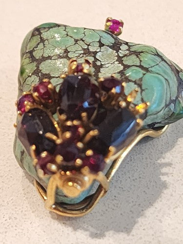 Natural Blue Lagoon Turquoise 14k Gold Pendant with Garnet Stones