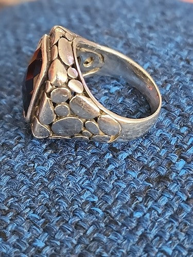 Vintage Bali Pebbled Sterling Silver Faceted Bezel Set Onyx Ring, Size 5