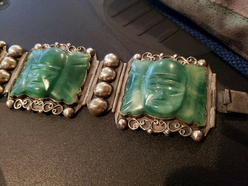 Vtg Mexico 40’s Carved Jade Sterling Silver 925 Link Bracelet