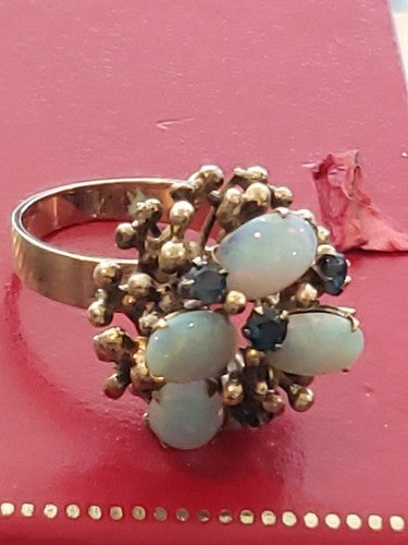 14k Yellow Gold Round Fiery Opal Emerald Cluster Flower Cocktail Ring