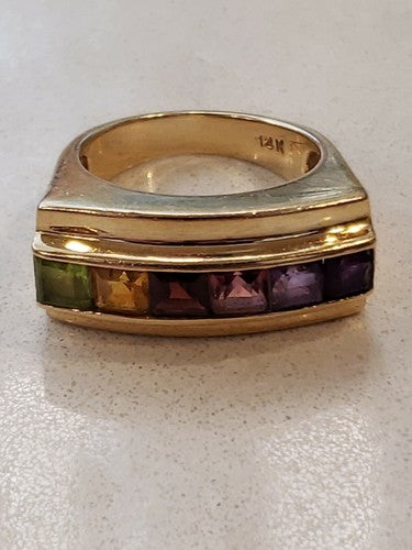 14K Solid Yellow and White Gold Hand-Made Multi Color Channel Set Gemstone Ring