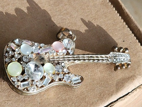 Beautiful Vintage Rhinestone Guitar Pendant