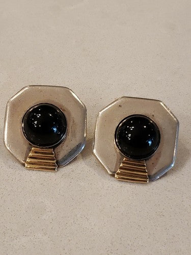Leonore Doskow Sterling & 14k Mid Century Modern Black Onyx Pierced Earrings