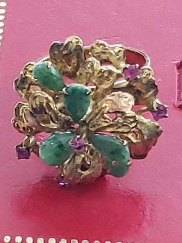 14k Yellow Gold Ruby & Jade Flower Ring s7.5