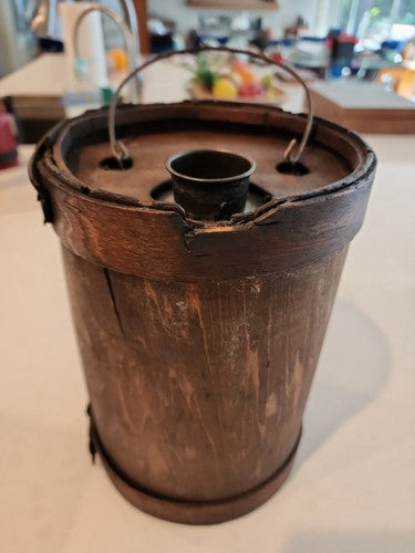 Antique Mid-Late 1800's Wood Wrapped Tin Cone Top Cork Sealed Kerosene Can