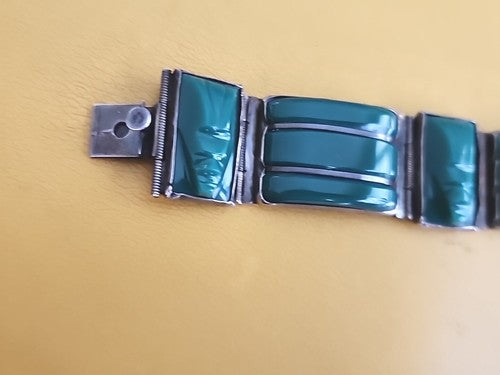 Vintage Aztec Mayan Warrior Face Green Agate Cabochon Sterling Silver Bracelet