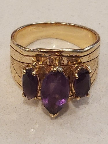 14K Yellow Gold 1920's Vintage 3 Stone Oval Amethyst Garnet Ring, Size 8.25