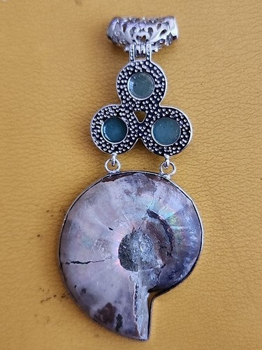 Silver Plate Fossil & Turquoise Large Pendant