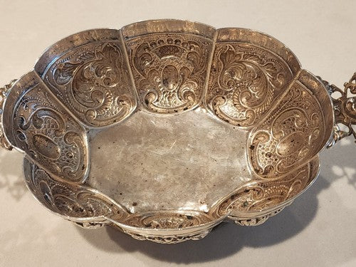 Hand Chased DUTCH .833 SILVER FOOTED BRANDY BOWL CHERUB HANDLES, FLUTED PANELED