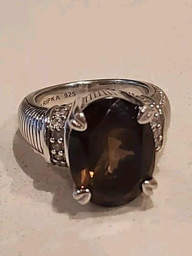 JUDITH RIPKA 925 STERLING SILVER RING SMOKY TOPAZ STONE SZ 6