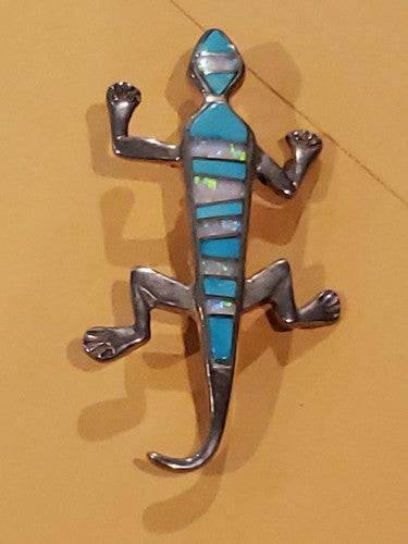 Native American Sterling Silver Turquoise Opal Coral Inlay Lizard Pin Brooch
