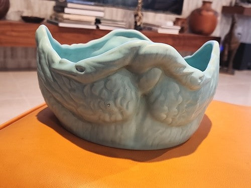 WELLER POTTERY SOFT BLUE BOWL W/ SWAN LOVE BIRDS...SIGNED & MINT! VERY RARE!