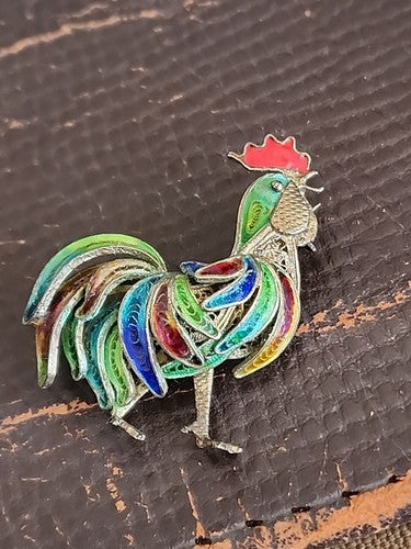 Vintage Italian Enamel Rooster Brooch Pin 800 Silver 1950's/60's