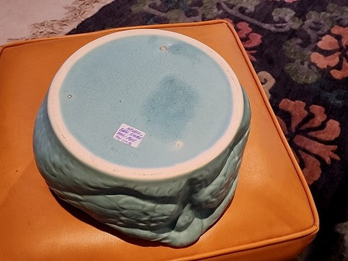 WELLER POTTERY SOFT BLUE BOWL W/ SWAN LOVE BIRDS...SIGNED & MINT! VERY RARE!