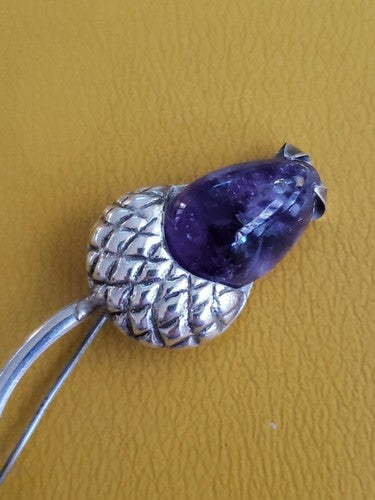 Vintage Sterling Silver Acorn Pin with Amythyst Acorn